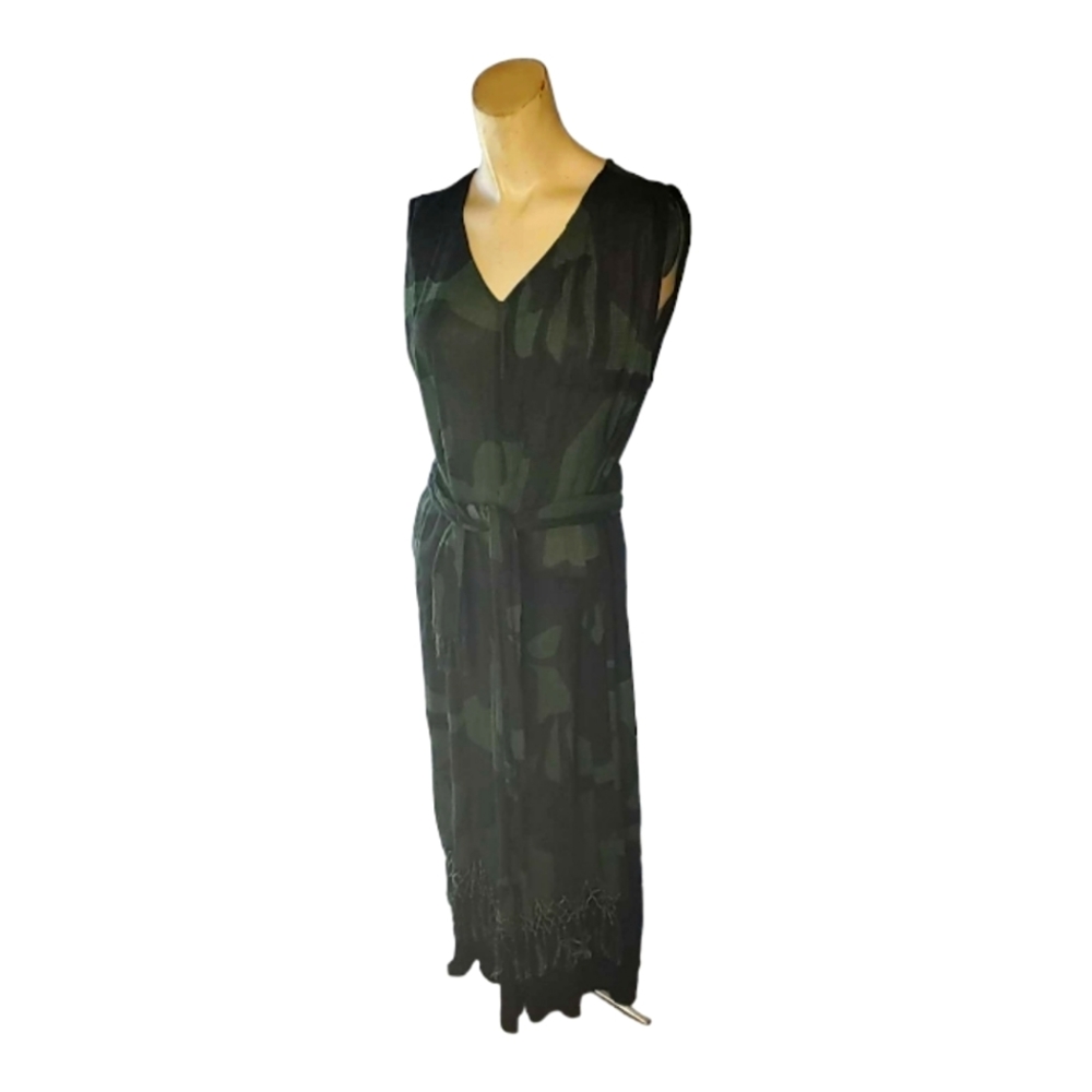 BLACK MAGIC Hunter Green Camouflage  Maxi Dress With Bottom Knotted Fringe Rayon